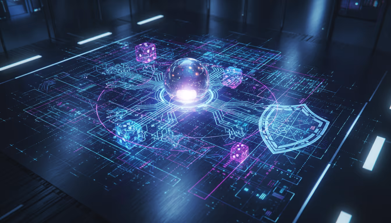 चमकते क्यूबिट्स के साथ क्वांटम कंप्यूटिंग विज़ुअलाइज़ेशन जो कैसीनो डेटा और RNG सिस्टम की सुरक्षा करता है